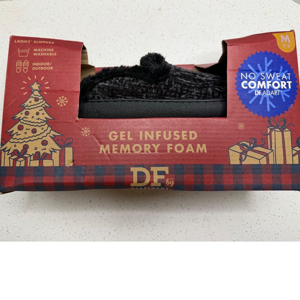 Dearfoams DF Black Cable Knit Faux Fur Gel Memory Foam Slippers Womens M 7-8